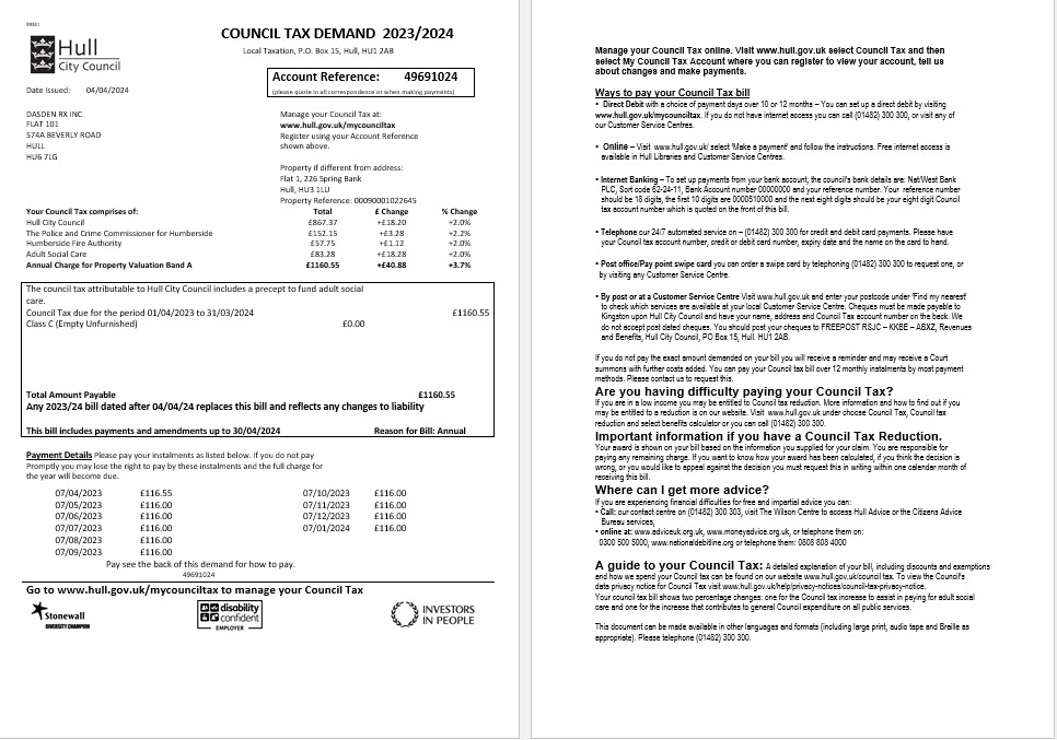 United Kingdom Hull City Council business utility bill template in Word and PDF formats, 2 pages